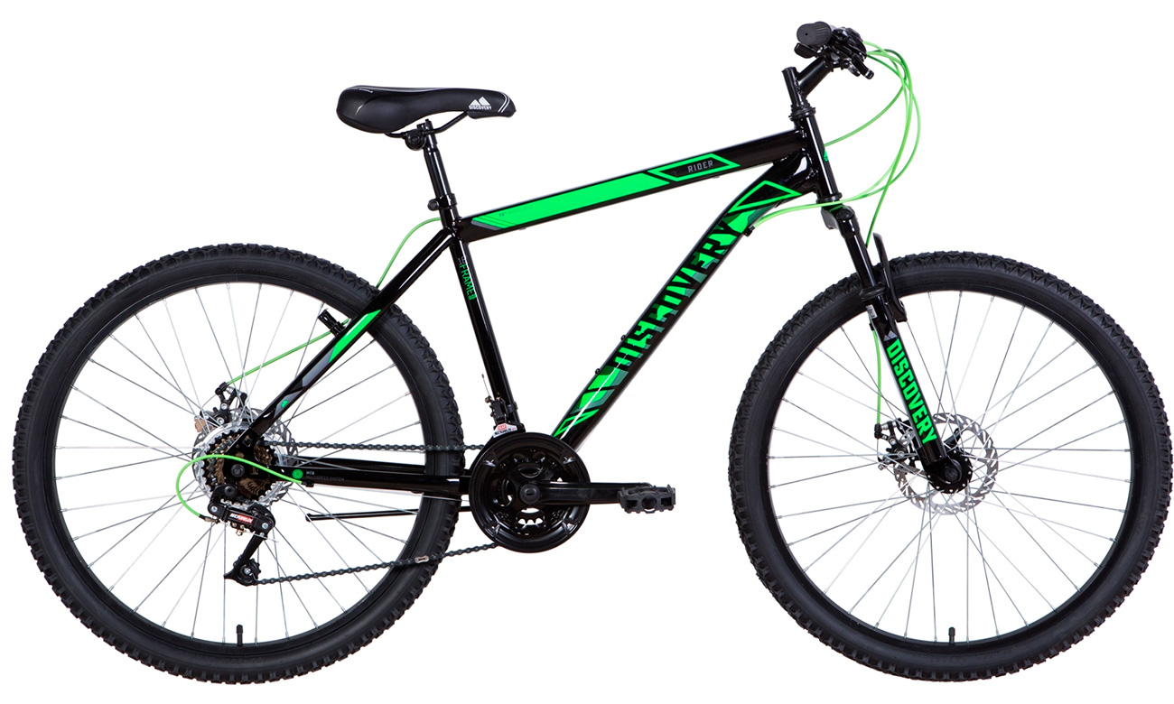 Фотография Велосипед Discovery RIDER AM DD 26" 2021, размер М, Черно-зеленый